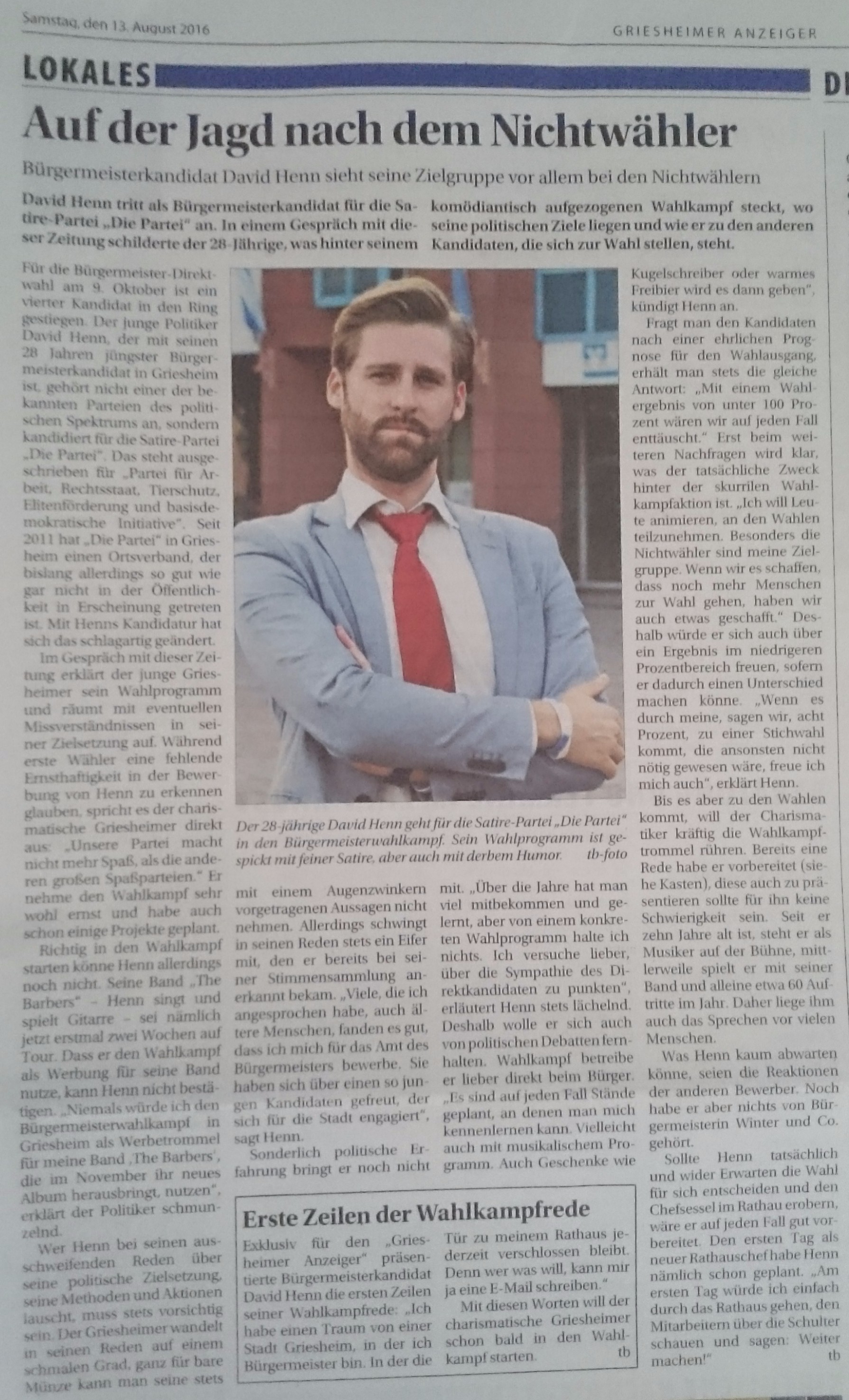 David Henn im "Griesheimer Anzeiger" vom 13.08.2016